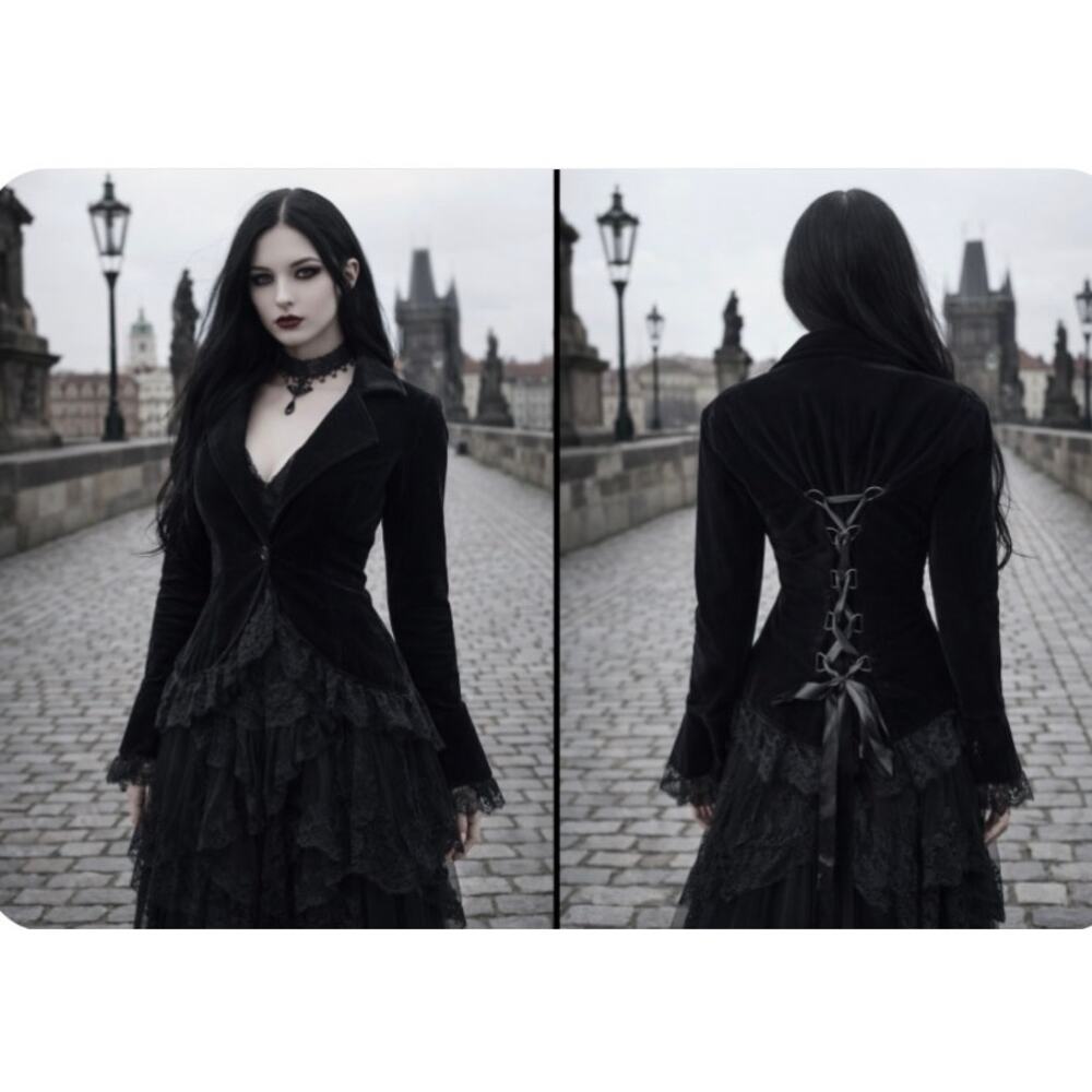 Chic Star Black Velvet Lace Trim Corset Back Whimsy Gothic Blazer Jacket M